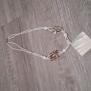 White and Brown Beaded Necklace with Shell Pendant